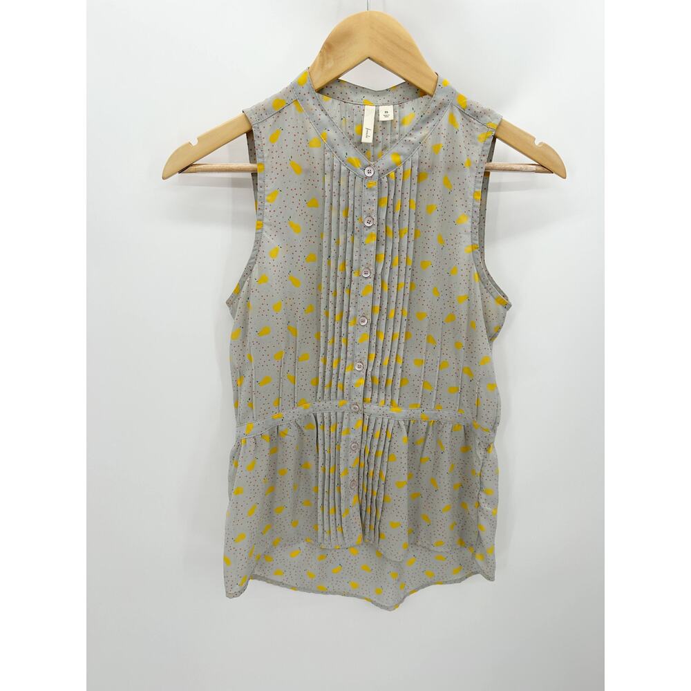 Frenchi Top Women XS Grey Yellow‎ Splatter Print Button Front Pintuck Sleeveless
